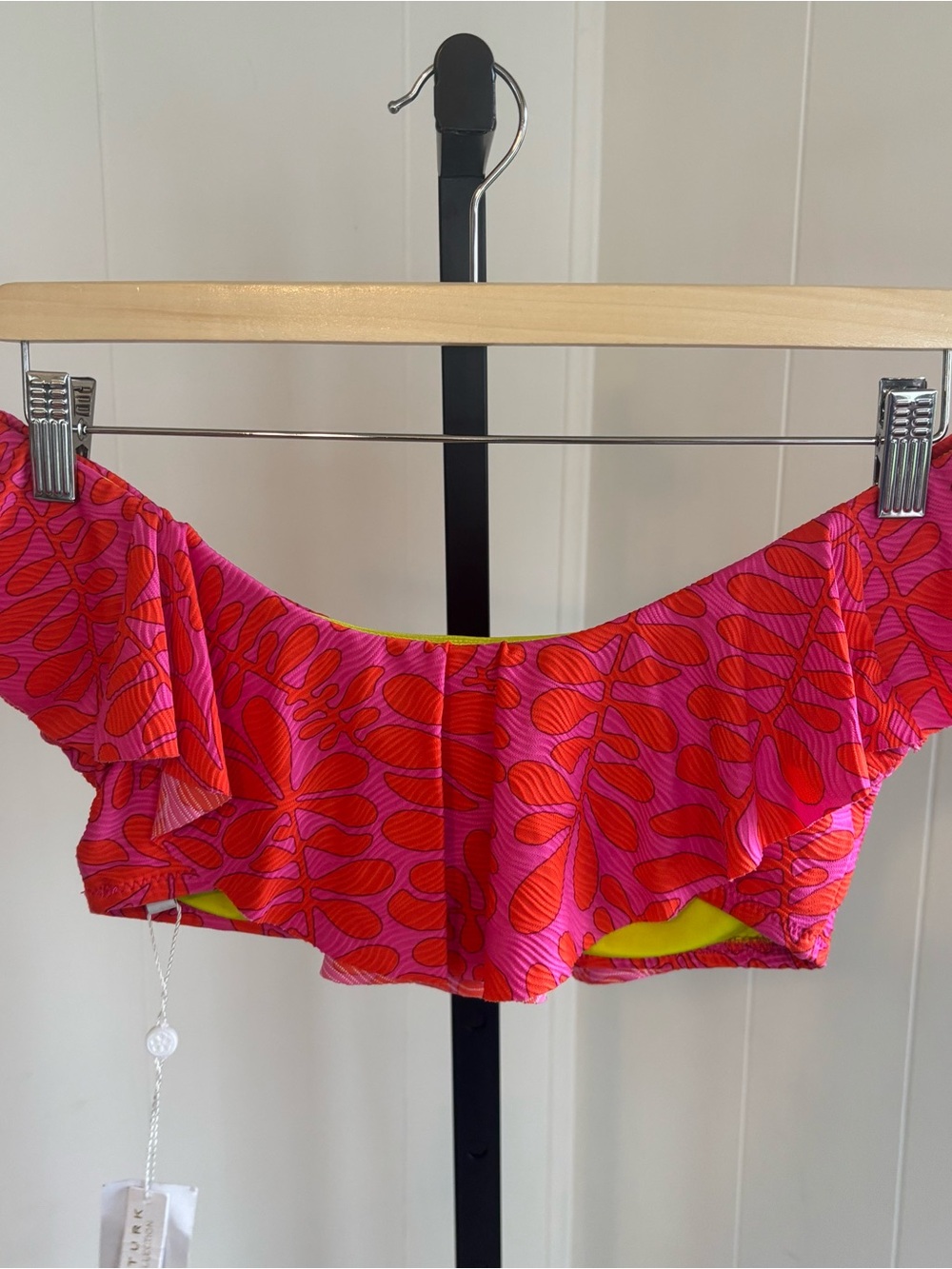 Trina Turk Gypsy Off Shoulder Ruffle Bandeau Swim Top Pink Orange Womens 4 NWT